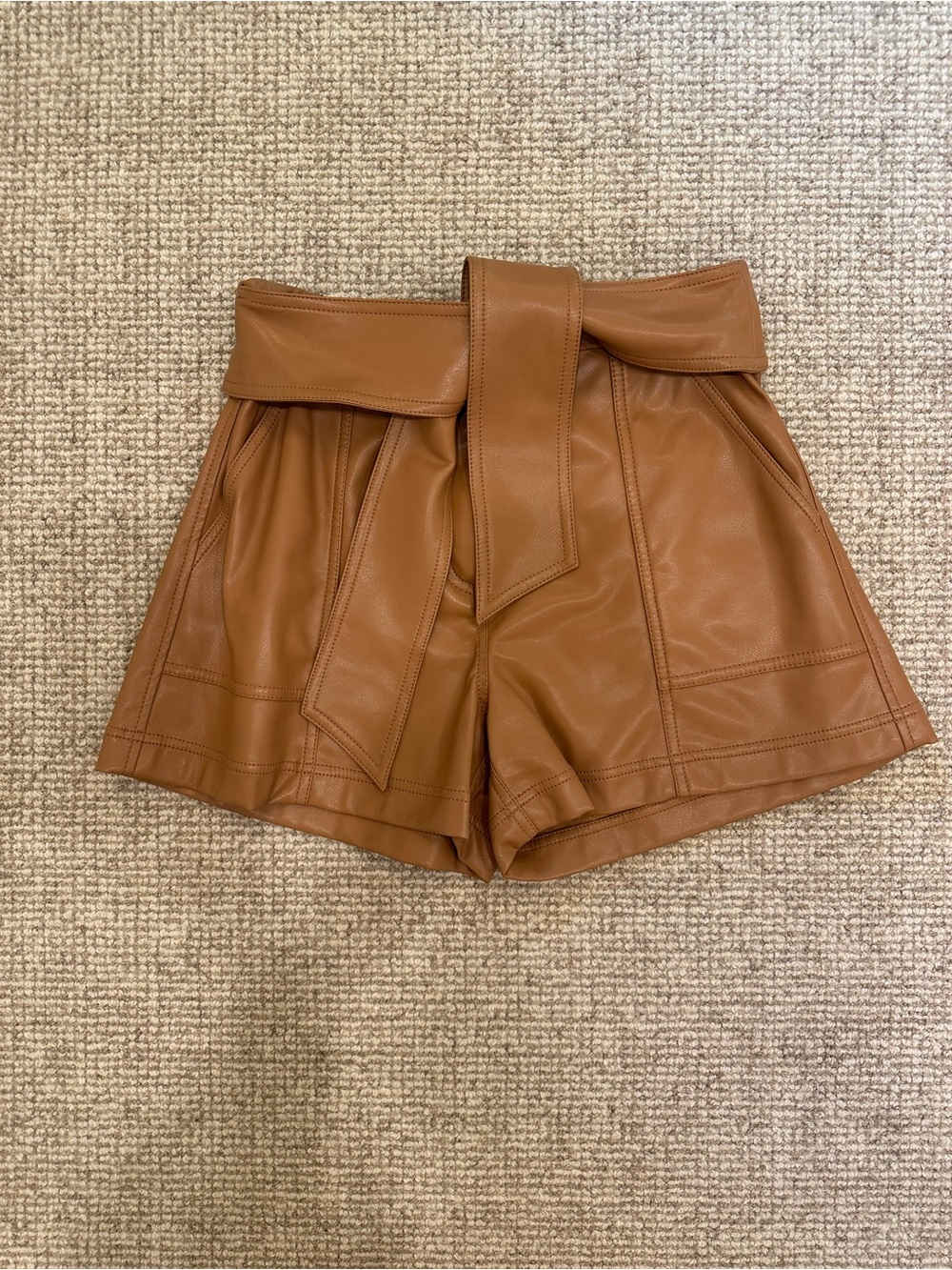 Jonathan Simkhai Camel Faux Leather High-Waist Paperbag Shorts